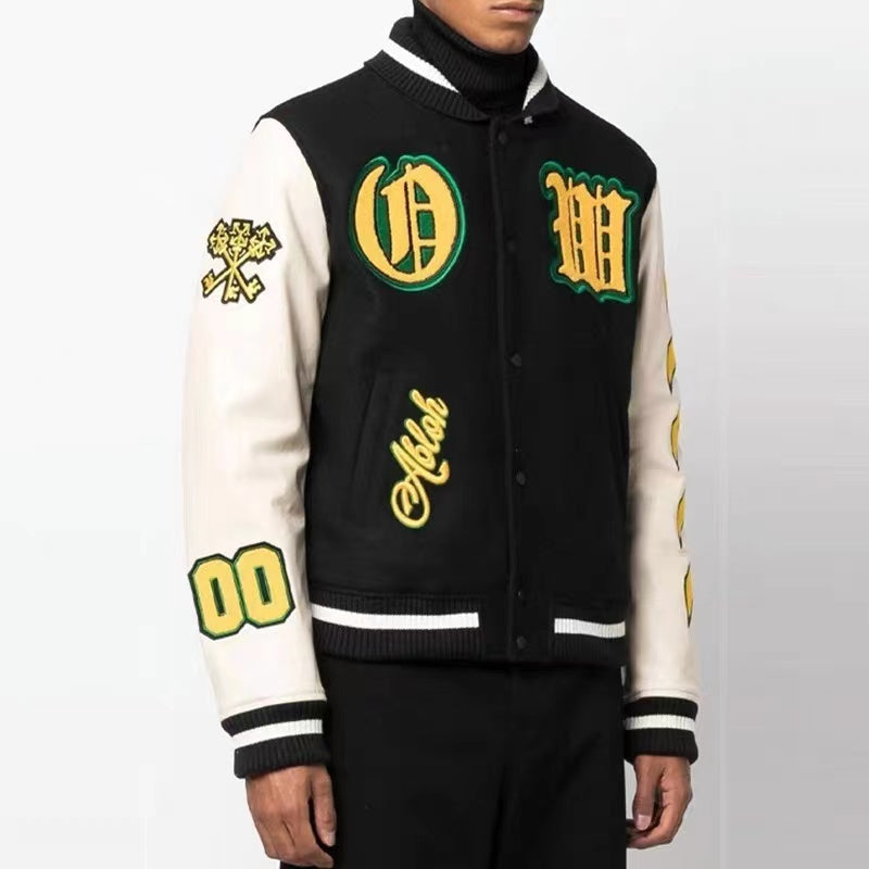 OW22FW multi-icon badge wool woolen stitching jacket thickened cotton baseball uniform jacket