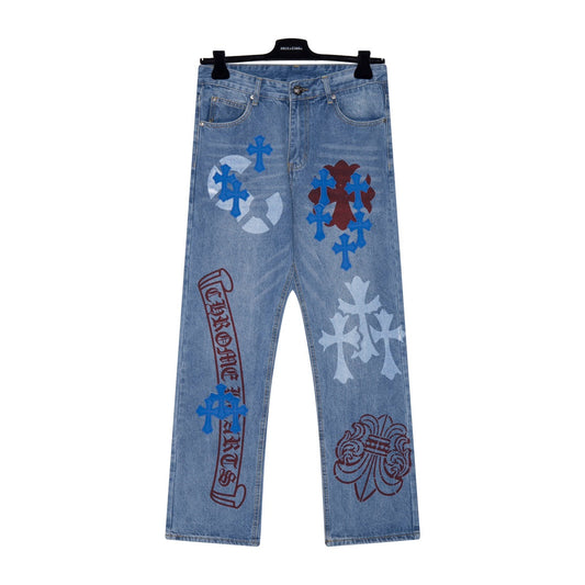 25SS new arrival Cross and Sanskrit Limited Edition Graffiti Print Leather Patch Denim Jeans