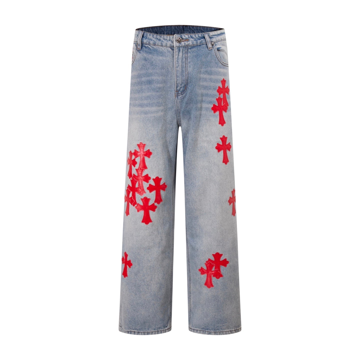 25SS New Blue Miami Printed Red Leather Jeans